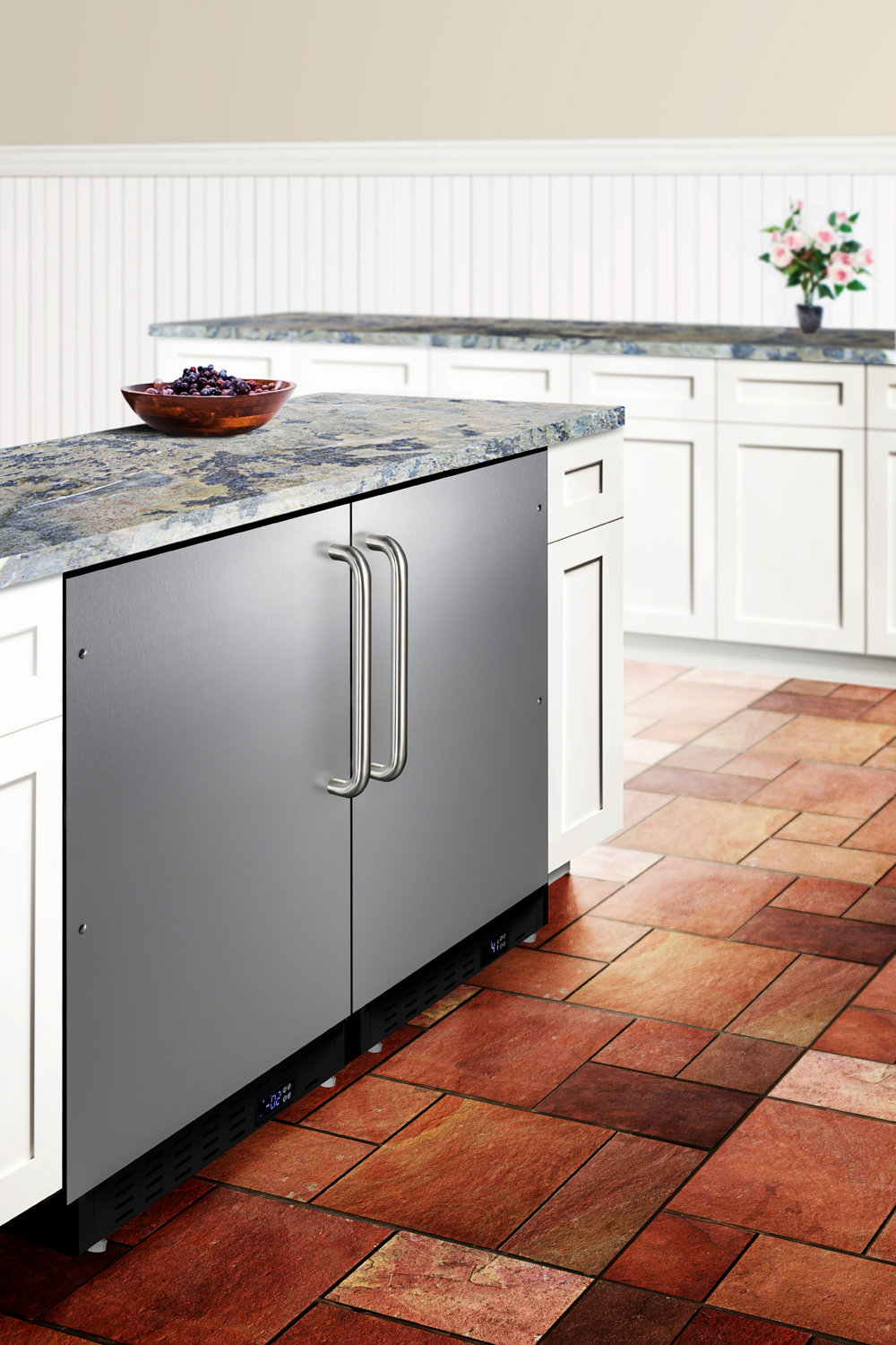Built-in undercounter ADA compliant residential all-refrigerator with SS cabinet and door, towel bar handle, with door storage and automatic defrost operation